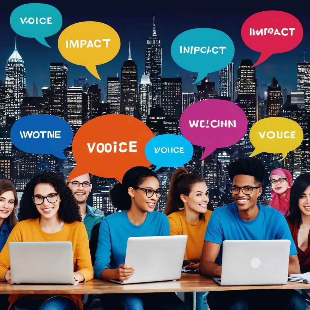A vibrant digital collage featuring a diverse group of people engaged in blogging, sharing ideas on laptops, notebooks, and smartphones. Include speech bubbles with words like 'Voice', 'Impact', and 'Community' swirling around them, symbolizing communication. In the background, a city skyline represents the vast digital space. Ensuring a lively atmosphere with bold colors and expressive facial expressions. bright colors. vector art. dynamic composition.