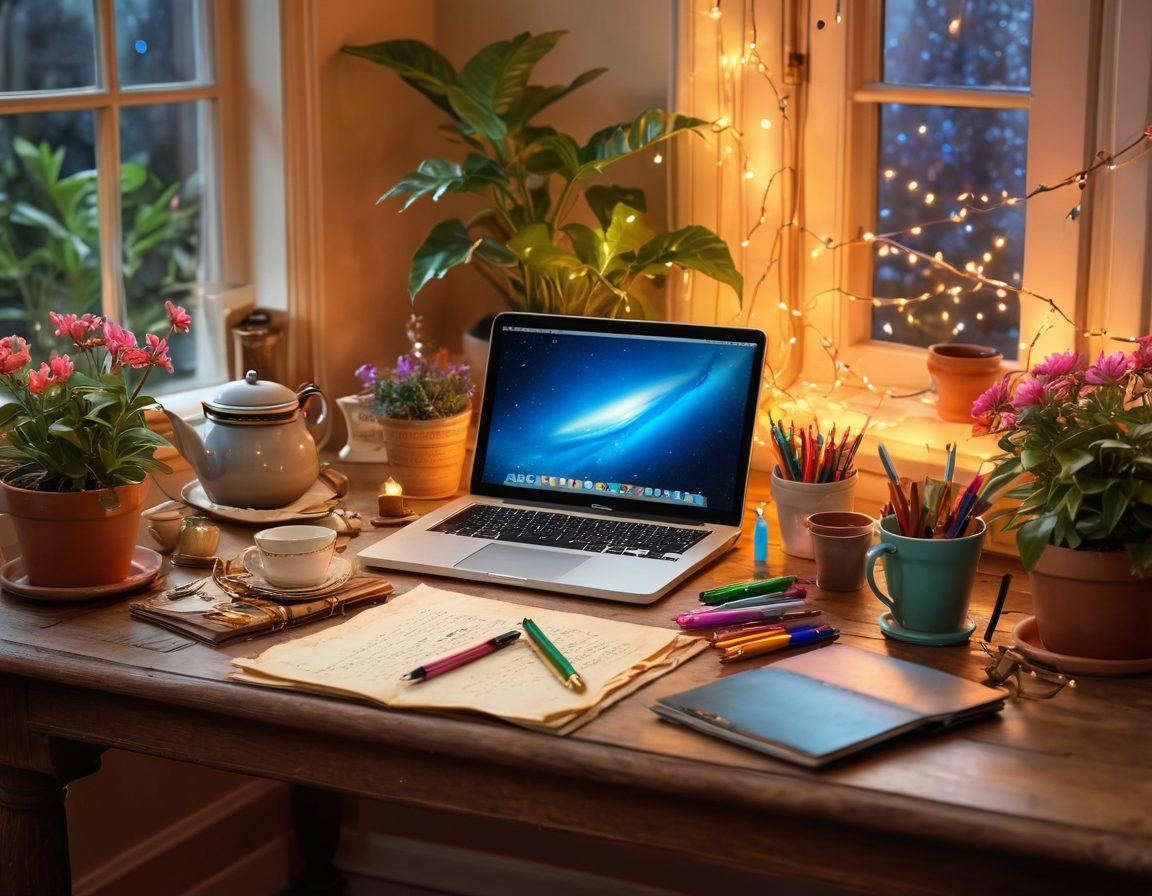 A whimsical writer's desk adorned with colorful pens, parchment, and an open laptop showing captivating articles. Surrounding the desk are enchanting elements like twinkling fairy lights, a steaming cup of tea, and a blooming potted plant, all set in a cozy, magical atmosphere. The image should evoke creativity and inspiration. vibrant colors. cozy atmosphere. 3D.