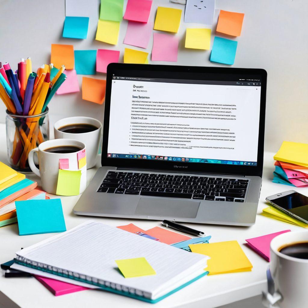 A creative workspace showcasing a laptop with an open blogging platform, surrounded by colorful sticky notes and a steaming coffee mug, symbolizing inspiration. Include elements like a digital pen and notepad, as well as vibrant books on digital marketing, to signify learning and creativity. The ambiance should feel warm and inviting, encouraging engagement. super-realistic. vibrant colors. white background.